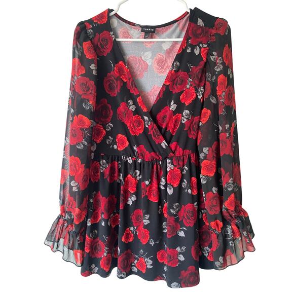 Torrid 1X Black Red Rose Floral Sheer Sleeve Peplum Blouse Romantic Whimsygoth - Picture 1 of 10